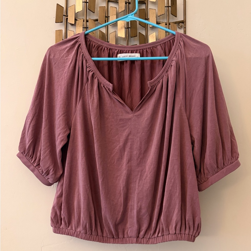 Lucky Brand Dusty Rose Peasant Top - Short Sleeve V-Neck
